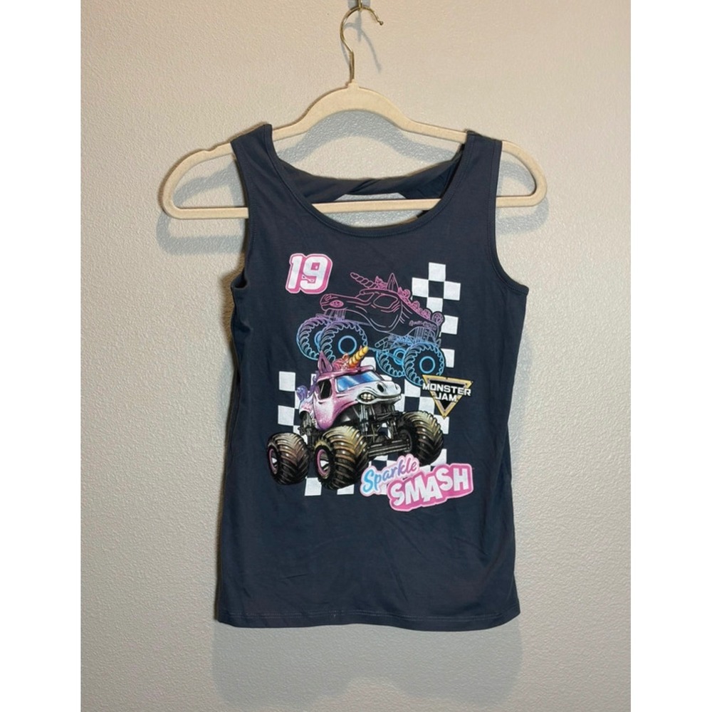 Monster Jam Sparkle Smash Girls Tank Top Gray Unicorn Monster Truck Shirt 10-12